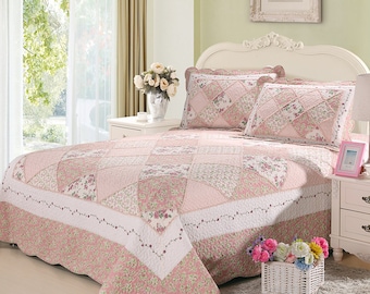 Luxury 100% Cotton Bedspread Coverlet Set Embroidery Patchwork Quilt Queen King Size Bed 230x250cm Pink