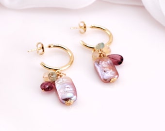 Baroque Stick Pearl Hoop Earrings | Pink Tourmaline Welo Opals | Gold Filled Half Hoop | Handmade Jewelry Gift