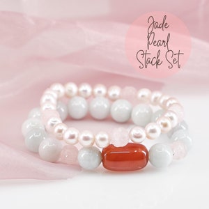 Pearl & Gemstone Dainty Bracelet Set | Burmese Jadeite Freshwater Pearls Red Agate | Handmade Good Luck Birthstone Bracelet Set [BR0046]