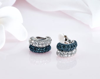 Carucci Rhinestone Earrings | Blue & White Rhinestones | Elegant Clip On Earrings