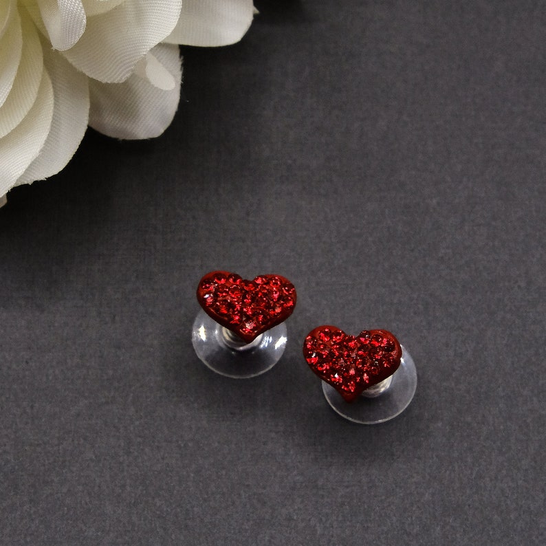 Vintage Rhinestone Earrings Small Red Rhinestone Heart Stud Earrings