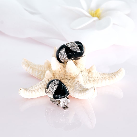 Classy Rhinestone Earrings | Black Enamel w/Clear… - image 4