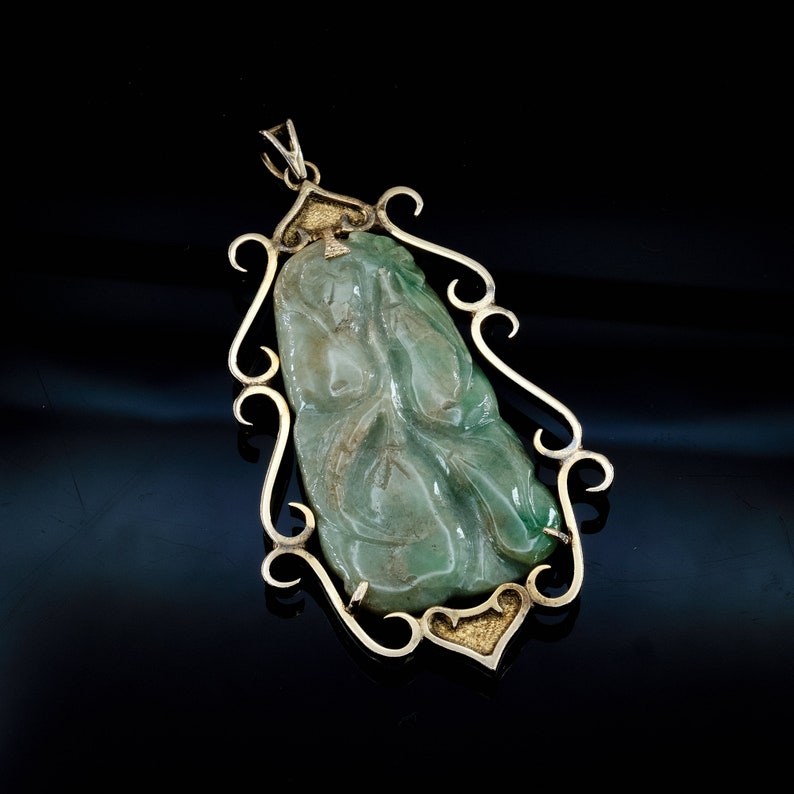 Large Jade Pendant Green Jade 14k Gold Lucky Carved Gourd Estate Jewelry Mothers Day Gift image 1