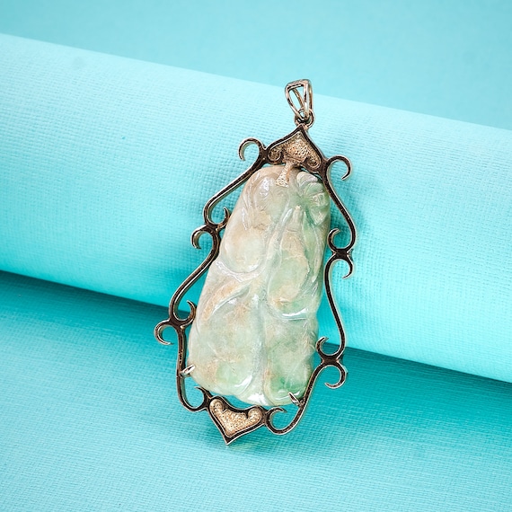 Large Jade Pendant | Green Jade 14k Gold | Lucky … - image 2