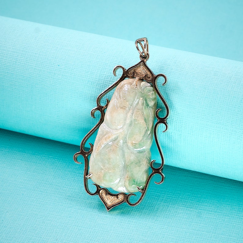 Large Jade Pendant Green Jade 14k Gold Lucky Carved Gourd Estate Jewelry Mothers Day Gift image 2