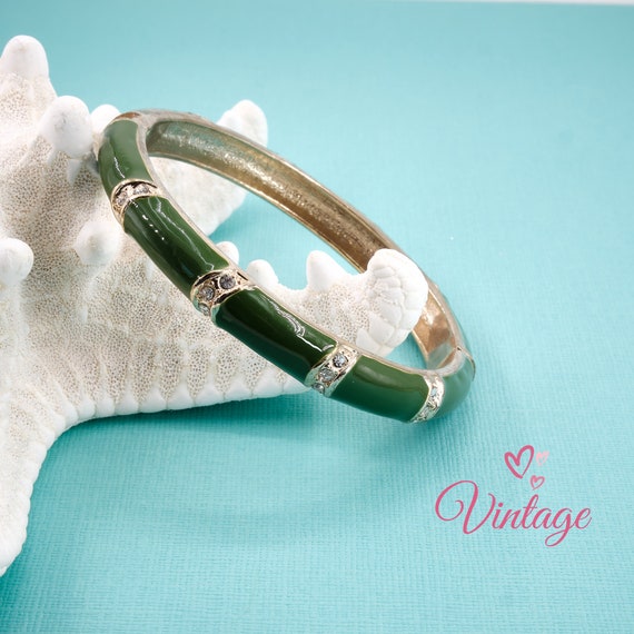 Rhinestone Bangle Bracelet | Green Gold Hinged Ba… - image 2