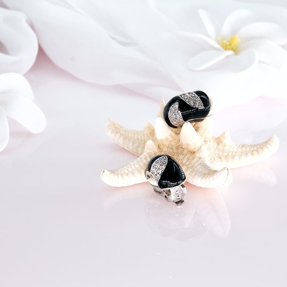 Classy Rhinestone Earrings | Black Enamel w/Clear… - image 3