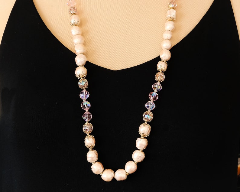 Vintage Baroque Pearls /& Pink Crystals Necklace Long Baroque Pearl Statement Necklace, Elegant Vintage Wedding and Bridal Pearl Necklace