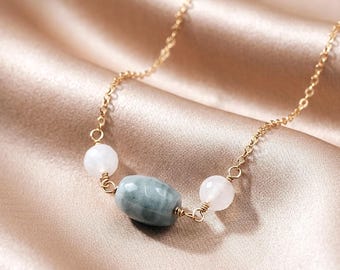 Jade Necklace w/Genuine Green & White Jadeite, Dainty 14k Gold Filled Everyday Necklace, Handmade Quiet Luxury Jewelry Gift for Her