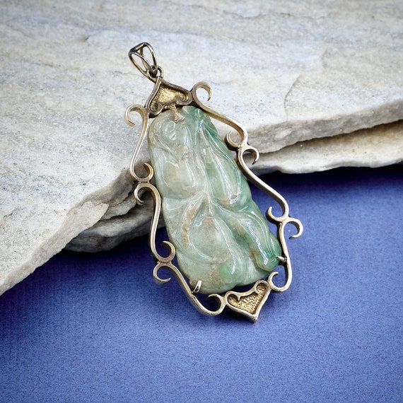 Large Jade Pendant | Green Jade 14k Gold | Lucky … - image 5