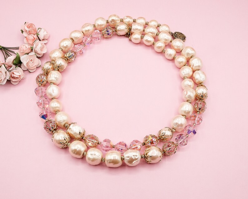Vintage Baroque Pearls /& Pink Crystals Necklace Long Baroque Pearl Statement Necklace, Elegant Vintage Wedding and Bridal Pearl Necklace