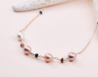 Baroque Pearl Necklace | Freshwater Edison Baroque Pearls & Tourmaline | Dainty Pearl Necklace | Handmade Jewelry Gift