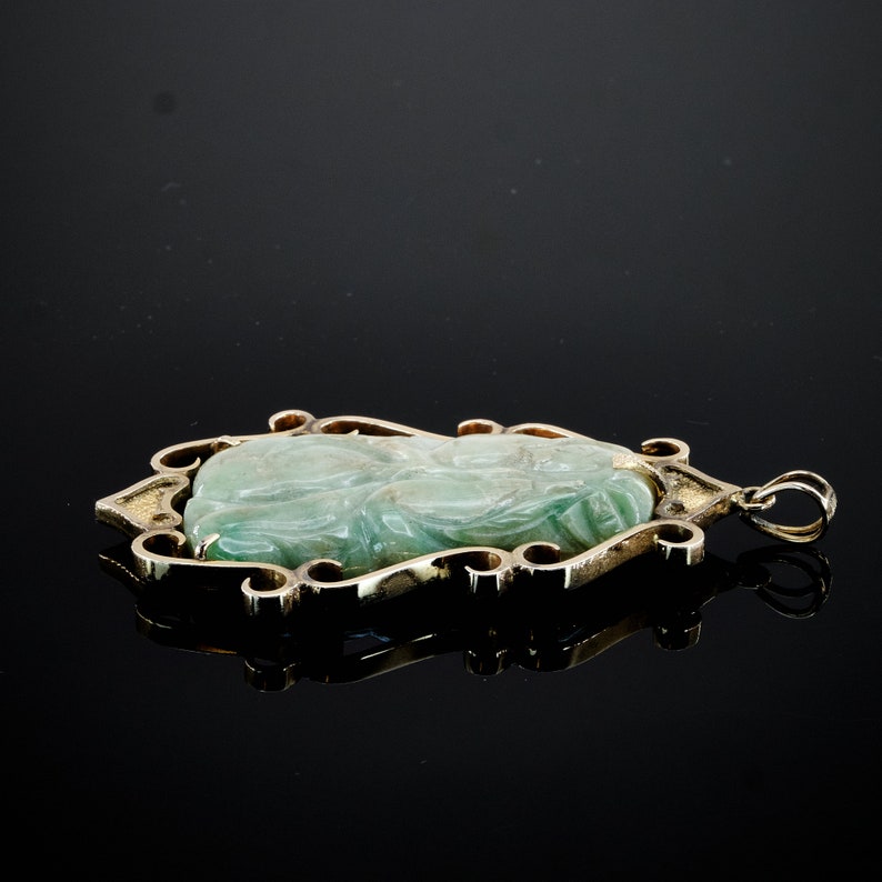 Large Jade Pendant Green Jade 14k Gold Lucky Carved Gourd Estate Jewelry Mothers Day Gift image 6