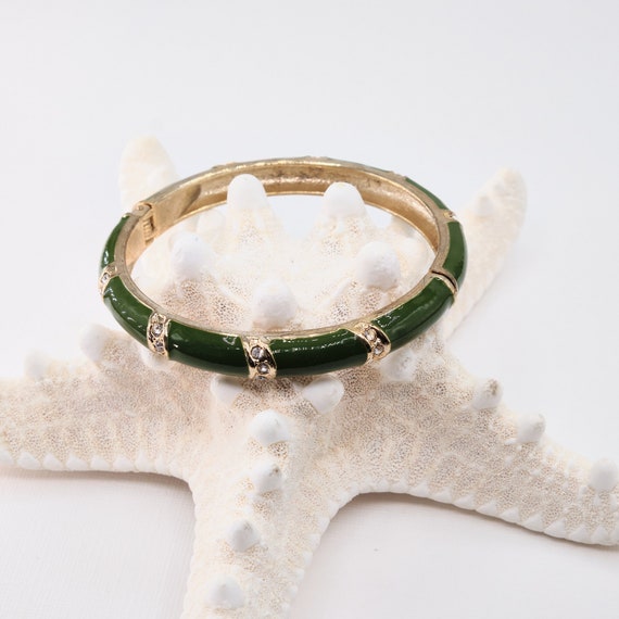 Rhinestone Bangle Bracelet | Green Gold Hinged Ba… - image 1