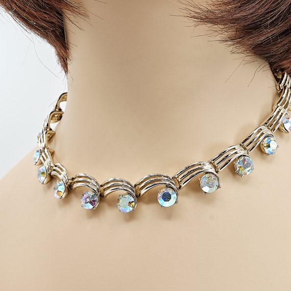 pierced earrings bridal set Bridesmaid gift silver tone metal STUNNING Vintage Aurora Borealis Rhinestone Necklace and Earring Set