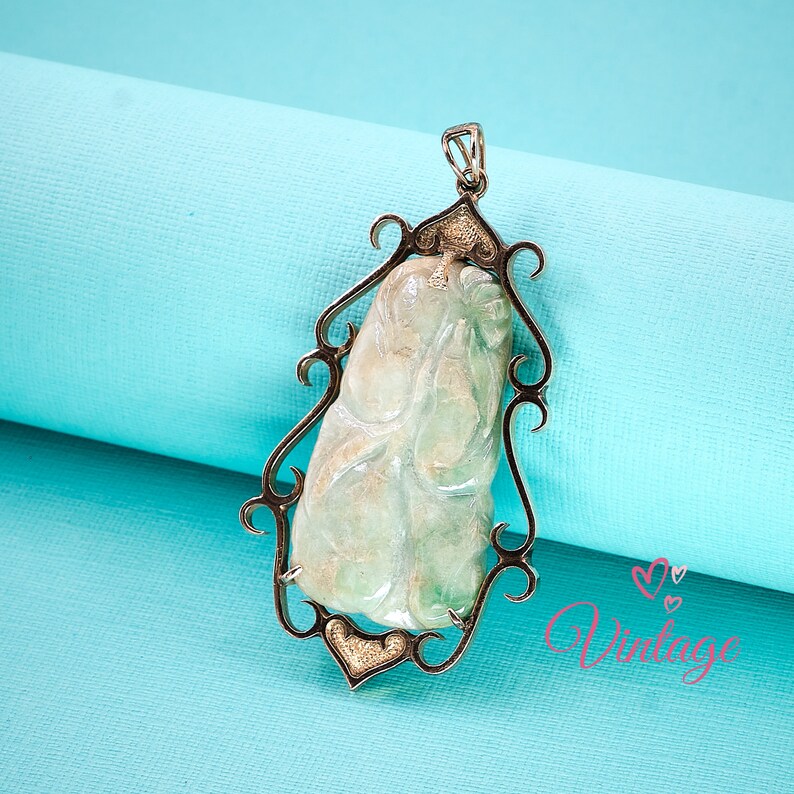 Large Jade Pendant Green Jade 14k Gold Lucky Carved Gourd Estate Jewelry Mothers Day Gift image 4