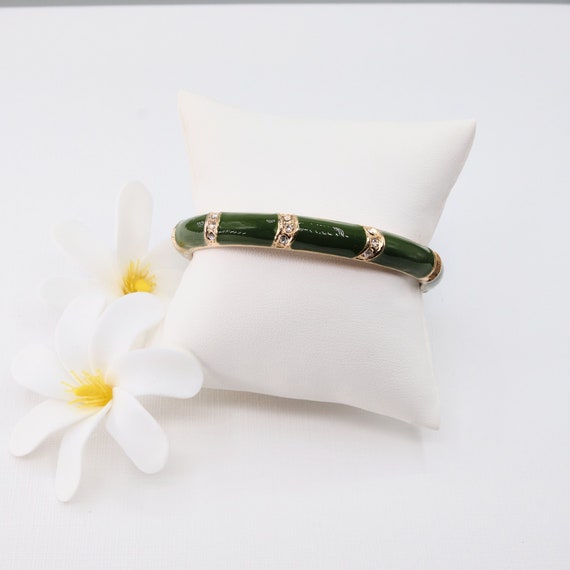 Rhinestone Bangle Bracelet | Green Gold Hinged Ba… - image 3