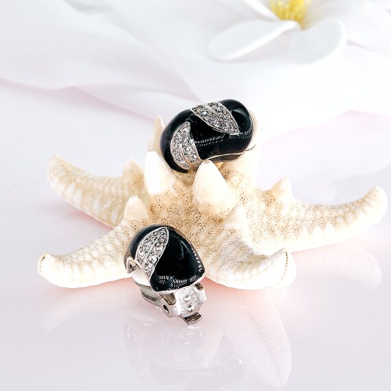 Classy Rhinestone Earrings | Black Enamel w/Clear… - image 1