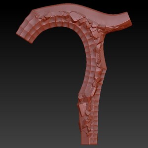 May include: A 3D-rendered, reddish-brown object resembling a stylized cane or walking stick. The design features a curved top and a textured, fragmented surface, suggesting a stone or weathered material.