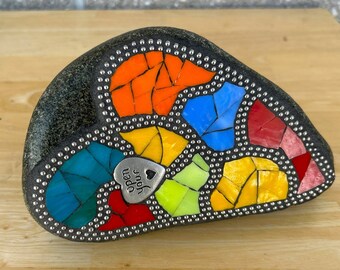 Indoor/outdoor Stained Glass Mosaic Heart Rock with "Open Your Heart" Silver Token (7-1/2" x 4-3/4" on face; 3-1/2" front to back)