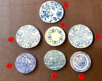 Round Mosaic Focal Tiles in Blue Patterns; Vintage Ceramic; Mosaic Art Supply