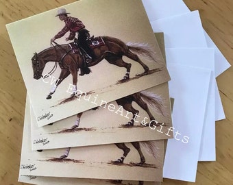 Original Pferde Kunstwerk Western Reiter Palomino Reiner Blank Gruß-und Glückwunschkarten