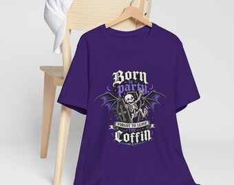 Born to Party, Forgot to Leave Coffin Tee | Skeleton Bat Gothic Halloween Shirt