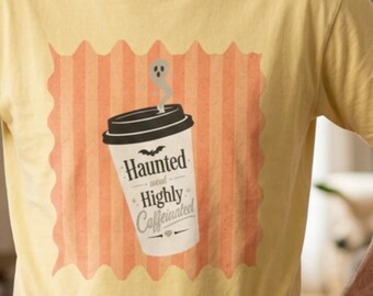 Haunted Highly Coffee Cup T-shirt | Spooky Pumpkin Striped Graphic Tee