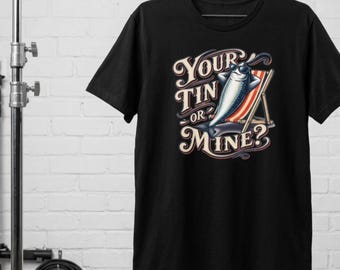 Your Tin or Mine T-Shirt | Vintage Tin Can & Beach Chair Illustration