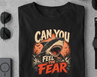Can You Feel the Fear Shark Halloween Graphic Tee | Retro Horror Animal Shirt