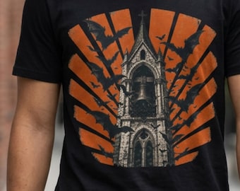 Gothic Church Bell Tower Tee | Bat Silhouette Sunburst Graphic