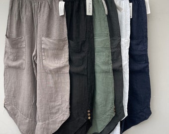 I pantaloni di lino di Evie. Abbigliamento in lino. Abbigliamento Made in Italy.