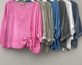 Washed Linen/Cotton Ruched Tie Top.