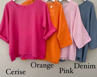 Linen Cotton Mix Top: Boxy 3/4 Sleeve Blouse