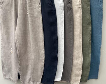 100% Linen Trousers: Elastic Waist, Button Detail, Pockets