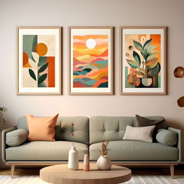 Boho Mid-Century Art Prints Trio, Original & Exclusive, Geometric Forms, Sunset and Plants, Deco-Inspired, Earthy Tones, Digital Download