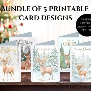 Druckbare Weihnachtskarten | 5 Weihnachtskarten-Bundle | Sofortdownload | Weihnachtskarte | Rentier Weihnachtskarte | Grusskarte