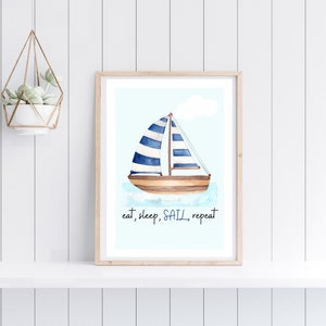 Sailing Poster | Nautical Decor  | Watercolor Nautical Print | Eat Sleep Sail Repeat | Printable Wall Art | Yacht Poster | Gift for Sailor