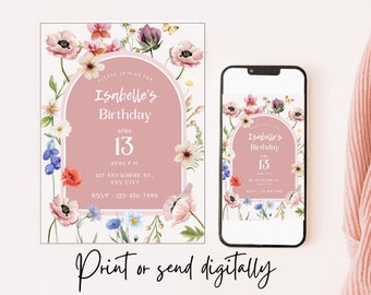 Wildflower Party Invitation Template | Editable Template | Boho Wildflower Invitation | Wildflower 1St Birthday Party Invitation Template