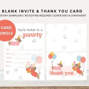 Lot de cartes d'invitation et de remerciement pour chiot | Invitations vierges Pawty | faire-part pour chiot | Invitation imprimable | Faire-part vierge | Télécharger