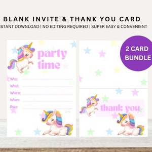 Invitation et carte de remerciement Licorne | Invitations vierges Licorne | Invitation imprimable | Faire-part vierge | Invitation d'anniversaire manuscrite