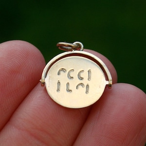 May include: A circular gold-toned metal pendant featuring a rotating center disc suspended within a frame. The flat surface of the disc is engraved with the text "PCCI ILPI" in a simple, sans-serif font, and includes a small jump ring at the top.