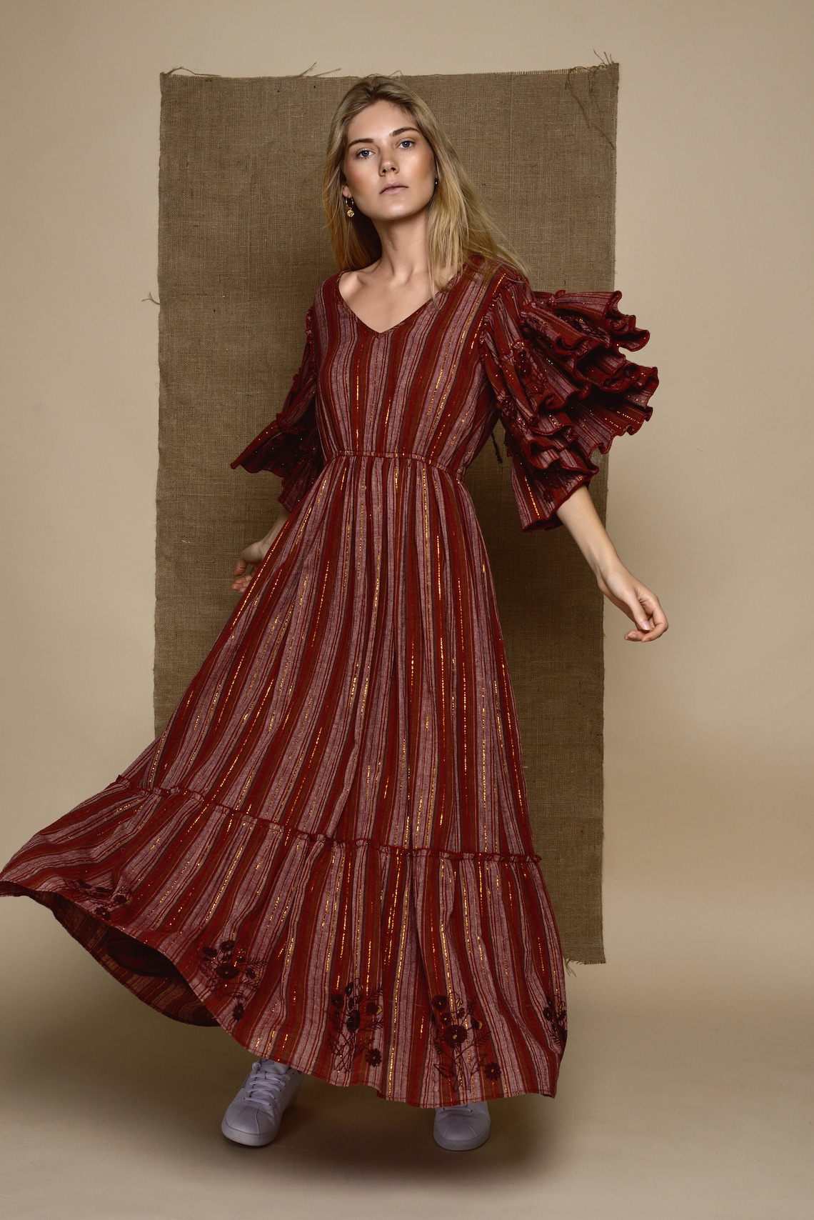 Striped lurex maxi dress with embroidery and ruffle sleeves Etsy