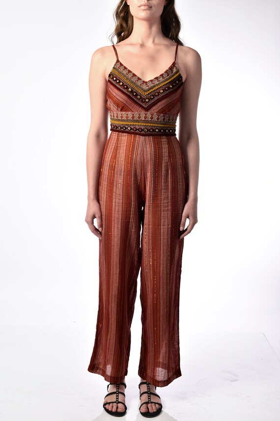 maroon striped jumpsuit