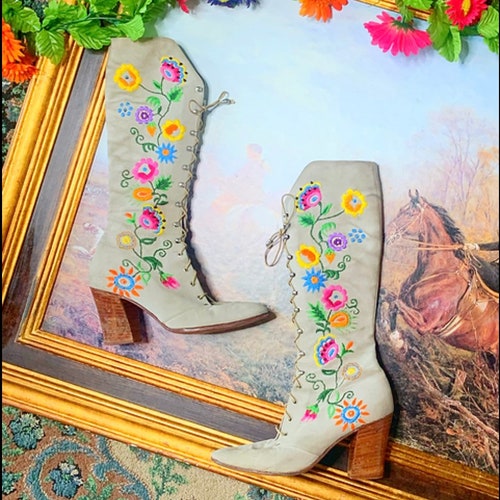 Vintage 60s Gogo Boots Floral Embroidered Boots Penny Lane - Etsy
