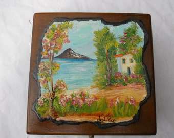 Jewellery box in wood with hand painted lava stone insert