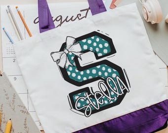 custom name tote bag gift for teen girl, dusty teal initial tote polka dot shopping bag for girls, tween girl gifts, cheer team gifts beach