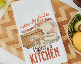 personalized seasoned with love kitchen towel for grandma, vintage inspired kitchen decor, baker gifts for her, moms kitchen hand towel for