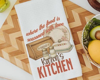 Toalla de cocina personalizada sazonada con amor para abuela, decoración de cocina de inspiración vintage, regalos de panadero para ella, toalla de mano de cocina para mamás para