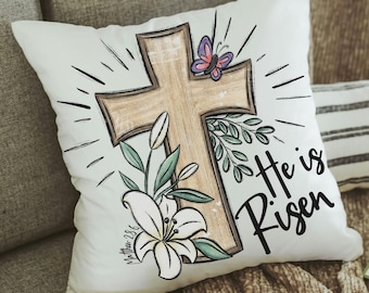 he is risen Easter cross Easter throw pillow covers 18x18, Matthew 28:6 Christian Easter decor gift, religious decorative pillows for couch